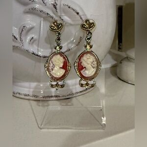 Vintage Elegant Gold and Red Orange Cameo Dangle Earrings
